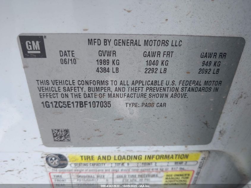 2011 Chevrolet Malibu 1Lt VIN: 1G1ZC5E17BF107035 Lot: 43422630