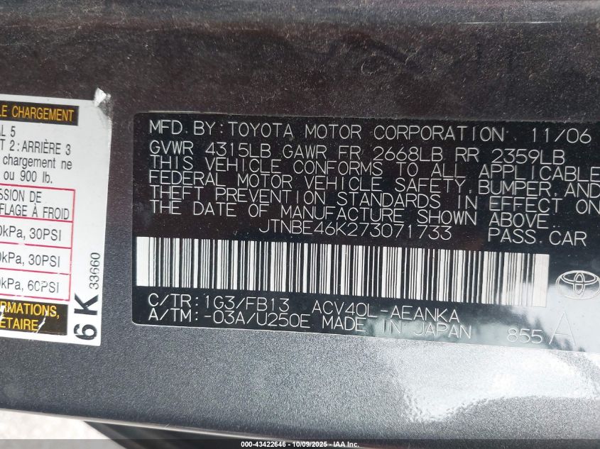 2007 Toyota Camry Le VIN: JTNBE46K273071733 Lot: 43422646