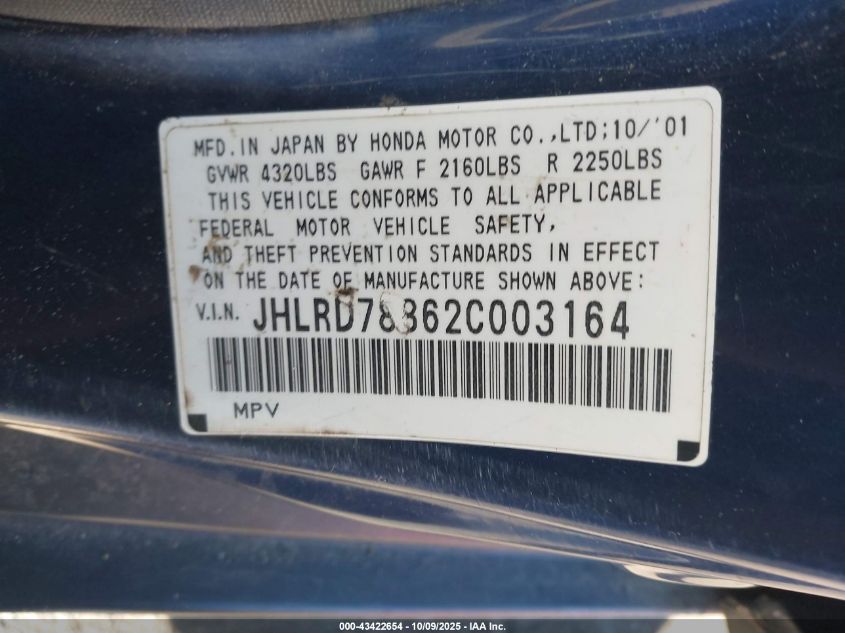 2002 Honda Cr-V Ex VIN: JHLRD78862C003164 Lot: 43422654