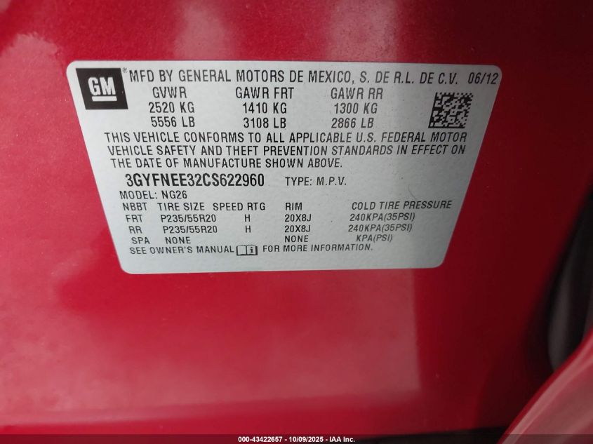 2012 Cadillac Srx Performance Collection VIN: 3GYFNEE32CS622960 Lot: 43422657