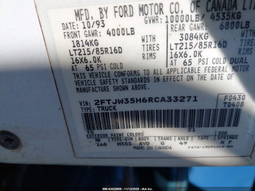 1994 Ford F350 VIN: 2FTJW35H6RCA33271 Lot: 43422659