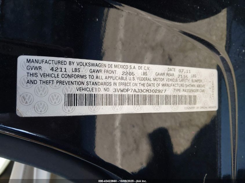 2012 Volkswagen Jetta 2.5L Se VIN: 3VWDP7AJ3CM302927 Lot: 43422660