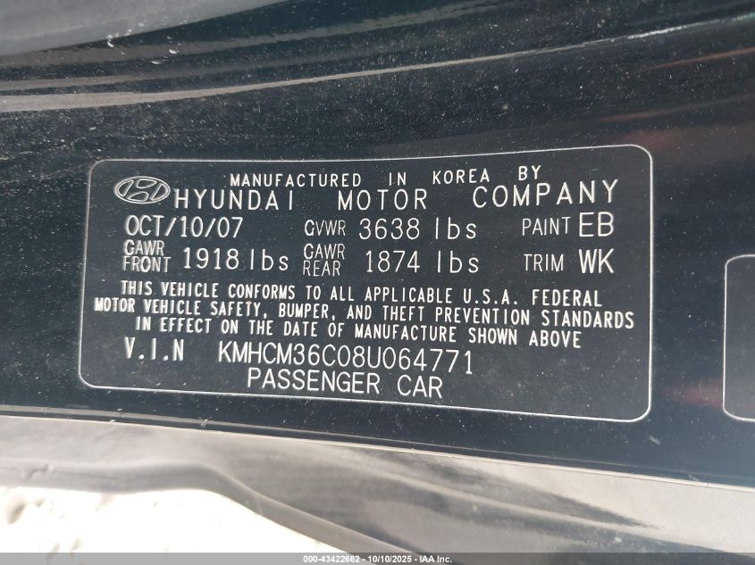 2008 Hyundai Accent Gs VIN: KMHCM36C08U064771 Lot: 43422662