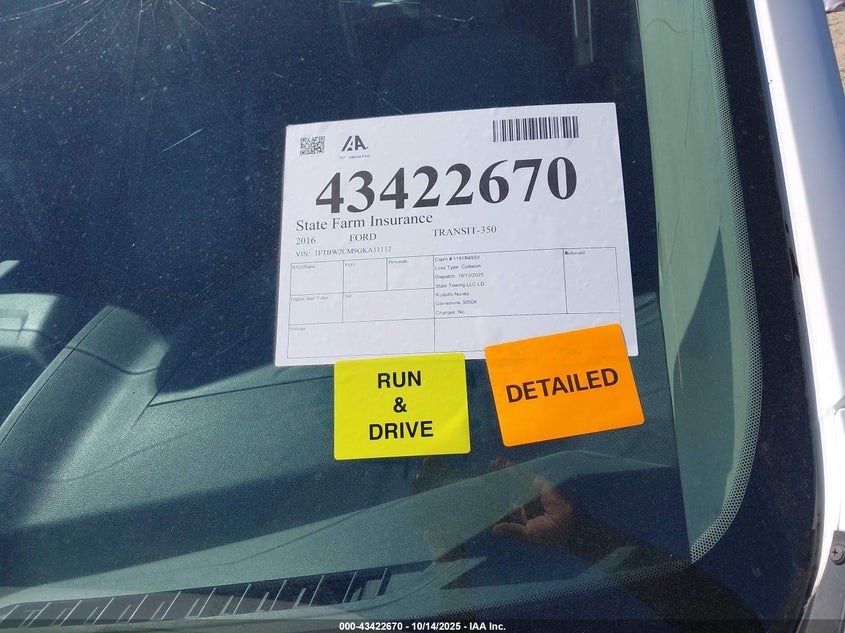 2016 Ford Transit-350 VIN: 1FTBW2CM9GKA11112 Lot: 43422670