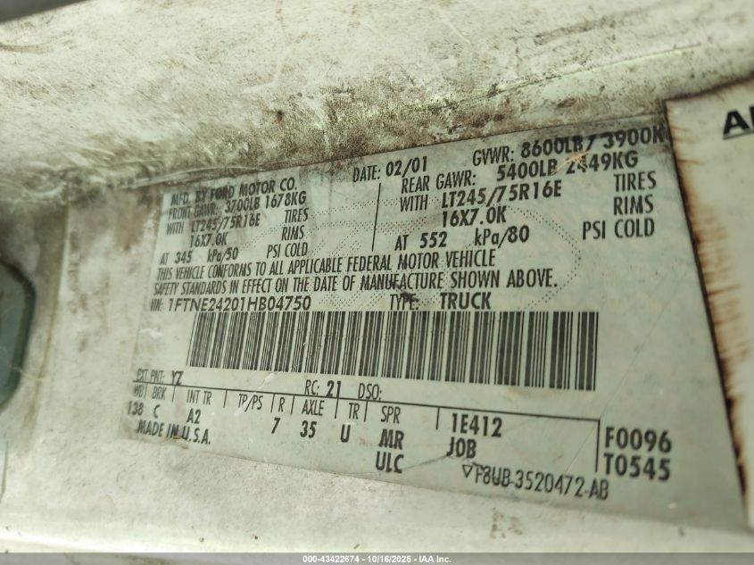 2001 Ford E-250 VIN: 1FTNE24201HB04750 Lot: 43422674