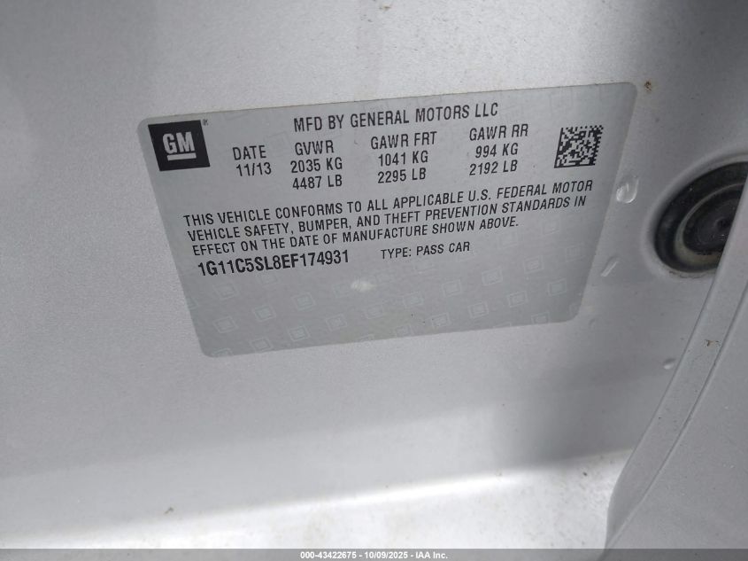 2014 Chevrolet Malibu 1Lt VIN: 1G11C5SL8EF174931 Lot: 43422675