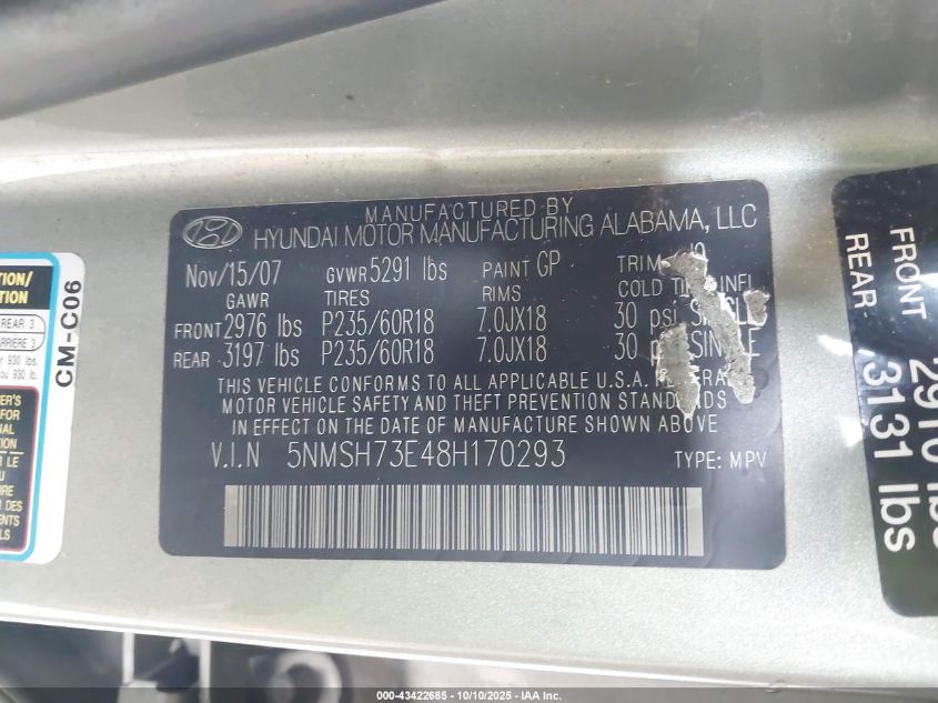 2008 Hyundai Santa Fe Limited/Se VIN: 5NMSH73E48H170293 Lot: 43422685