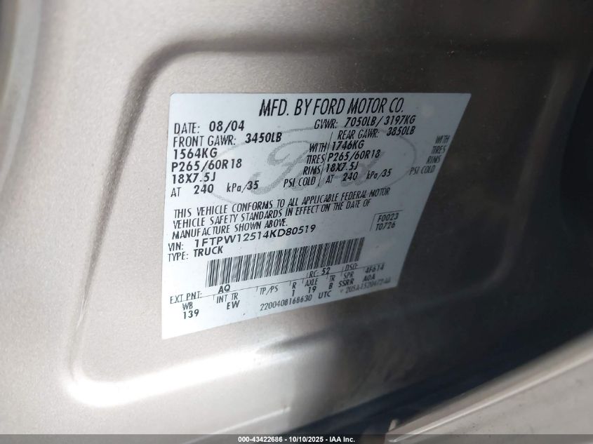 2004 Ford F-150 Lariat/Xlt VIN: 1FTPW12514KD80519 Lot: 43422686