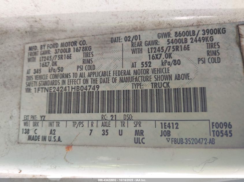 2001 Ford E-250 VIN: 1FTNE24241HB04749 Lot: 43422692