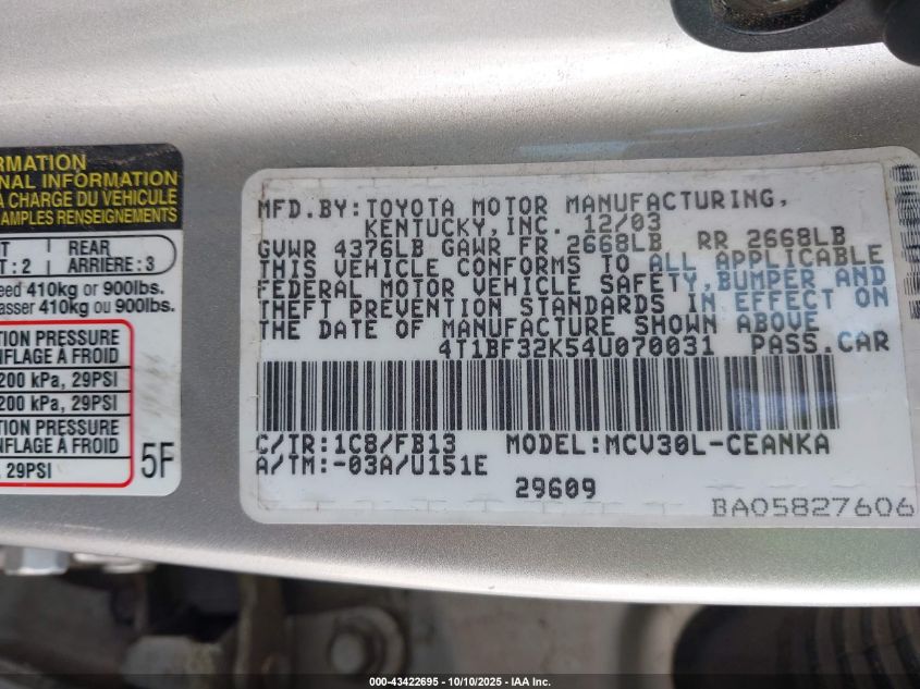 2004 Toyota Camry Le V6 VIN: 4T1BF32K54U070031 Lot: 43422695