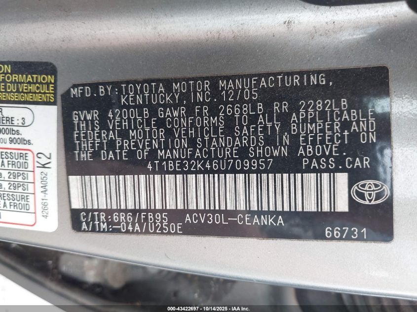 2006 Toyota Camry Le VIN: 4T1BE32K46U709957 Lot: 43422697