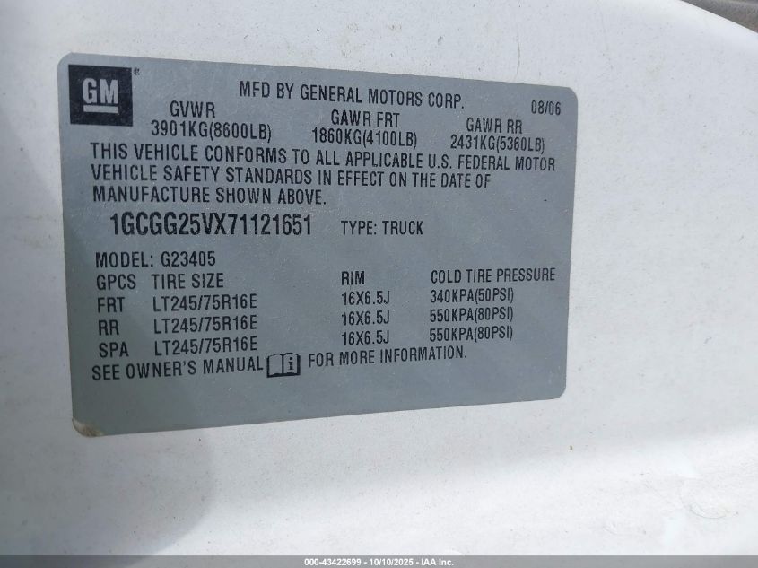 2007 Chevrolet Express Work Van VIN: 1GCGG25VX71121651 Lot: 43422699