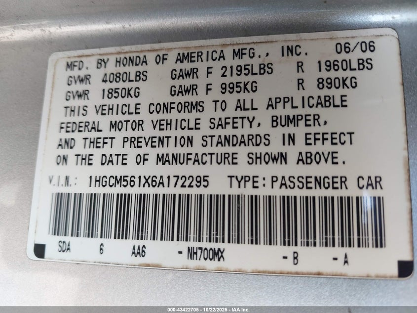 2006 Honda Accord 2.4 Vp VIN: 1HGCM561X6A172295 Lot: 43422705