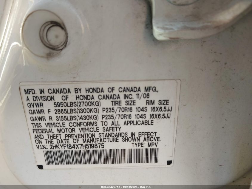 2007 Honda Pilot Ex VIN: 2HKYF184X7H519875 Lot: 43422713