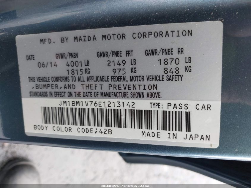 2014 Mazda Mazda3 I Touring VIN: JM1BM1V76E1213142 Lot: 43422717