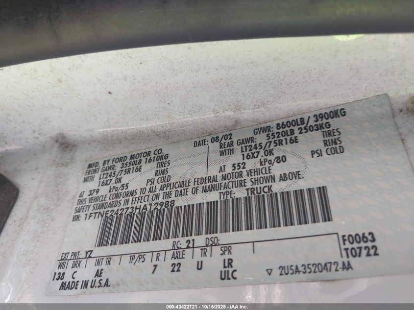 2003 Ford E-250 VIN: 1FTNE24273HA12988 Lot: 43422721