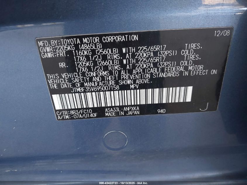 2009 Toyota Rav4 VIN: JTMBF35V695007158 Lot: 43422723