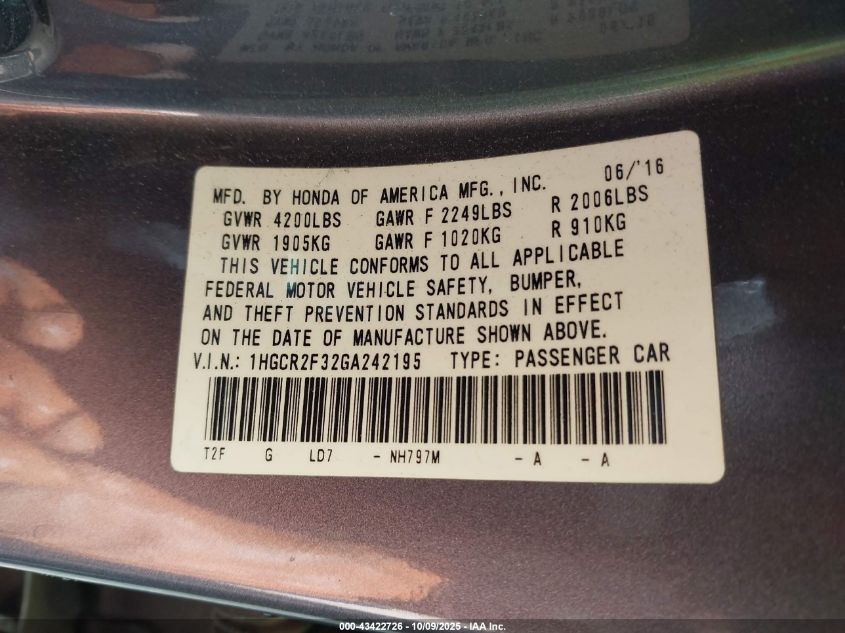 2016 Honda Accord Lx VIN: 1HGCR2F32GA242195 Lot: 43422726