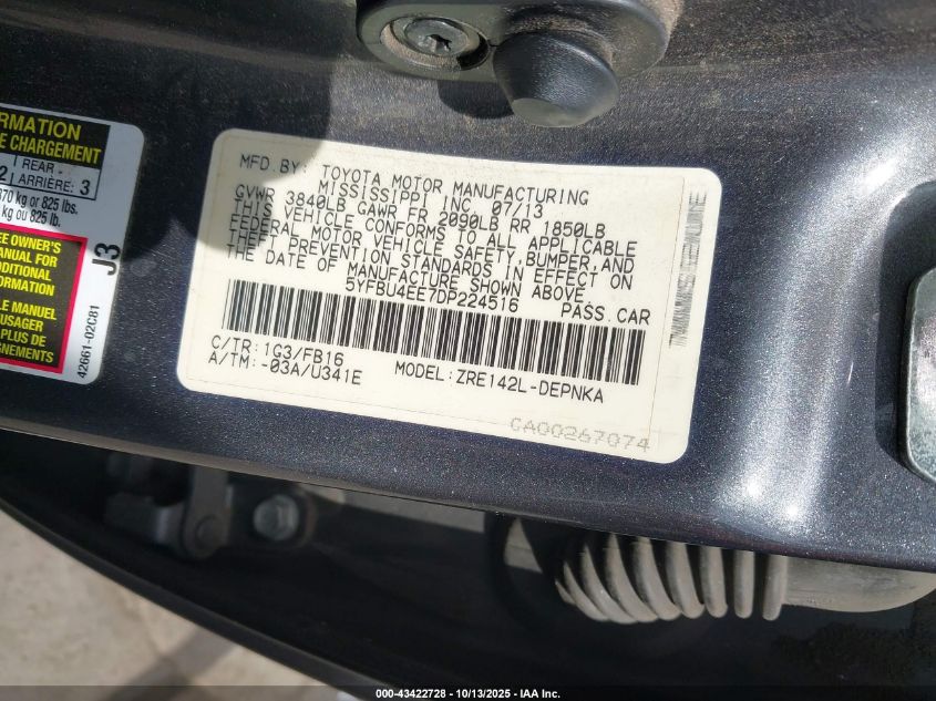 2013 Toyota Corolla Le VIN: 5YFBU4EE7DP224516 Lot: 43422728