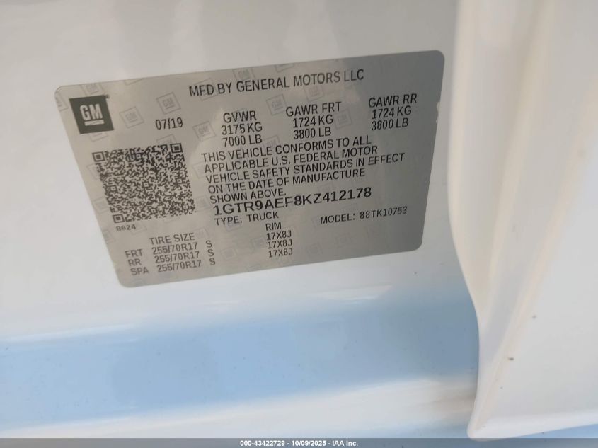2019 GMC Sierra K1500 VIN: 1GTR9AEF8KZ412178 Lot: 43422729