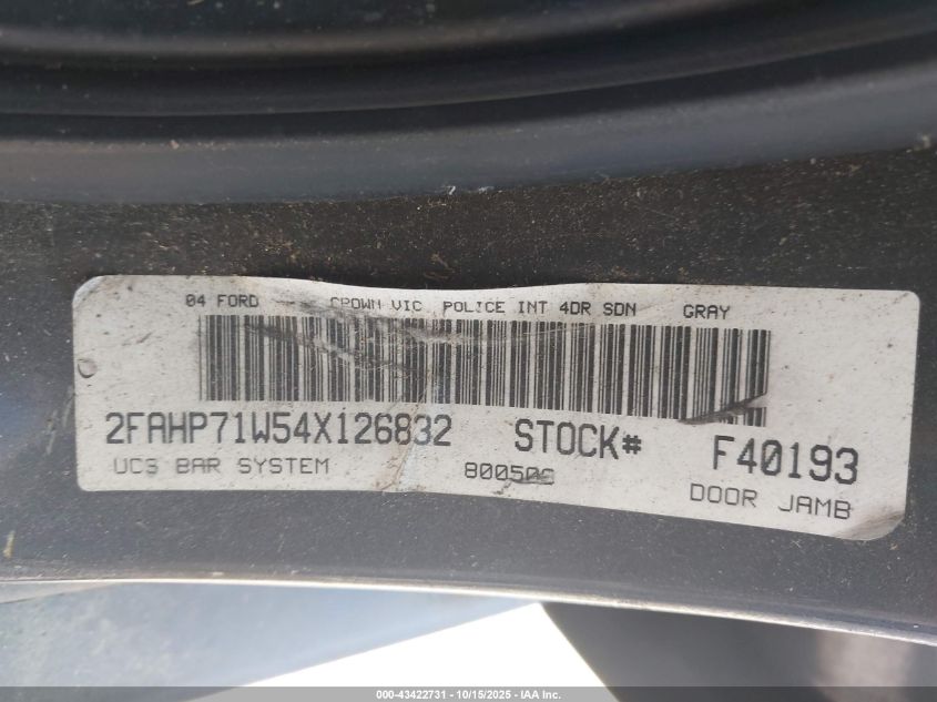 2004 Ford Crown Victoria Police VIN: 2FAHP71W54X126832 Lot: 43422731