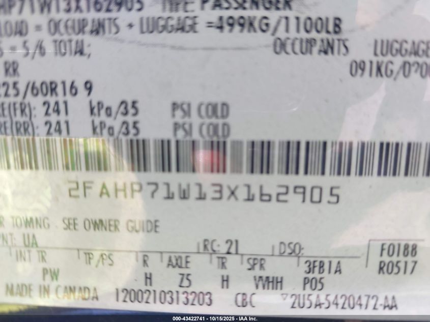 2003 Ford Crown Victoria Police VIN: 2FAHP71W13X162905 Lot: 43422741