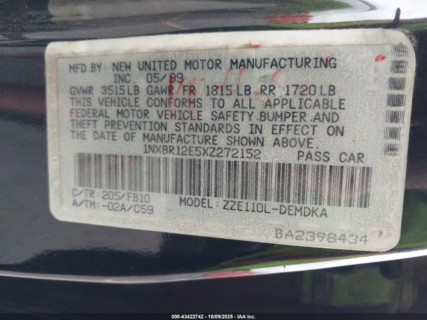 1999 Toyota Corolla Ce VIN: 1NXBR12E5XZ272152 Lot: 43422742