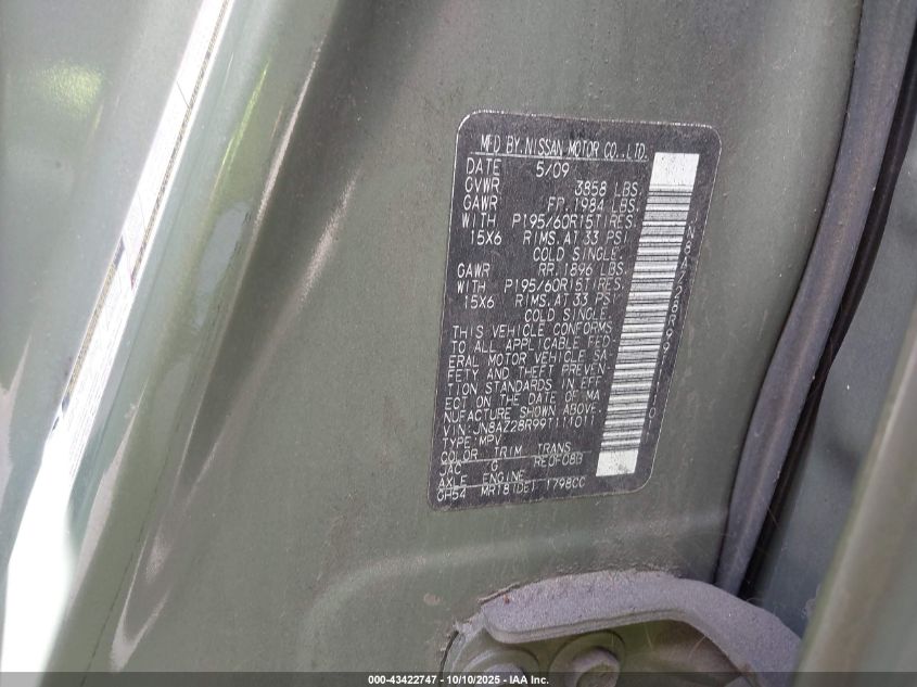 2009 Nissan Cube 1.8S VIN: JN8AZ28R99T111011 Lot: 43422747