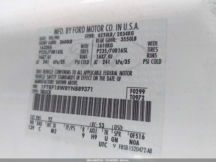 2000 Ford F150 VIN: 1FTRF18W8YNB89371 Lot: 43422748