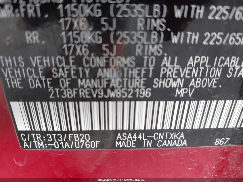 2018 Toyota Rav4 Le VIN: 2T3BFREV9JW852196 Lot: 43422752