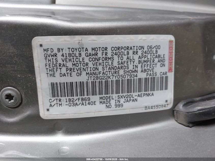 2000 Toyota Camry Le VIN: JT2BG22K7Y0507934 Lot: 43422758