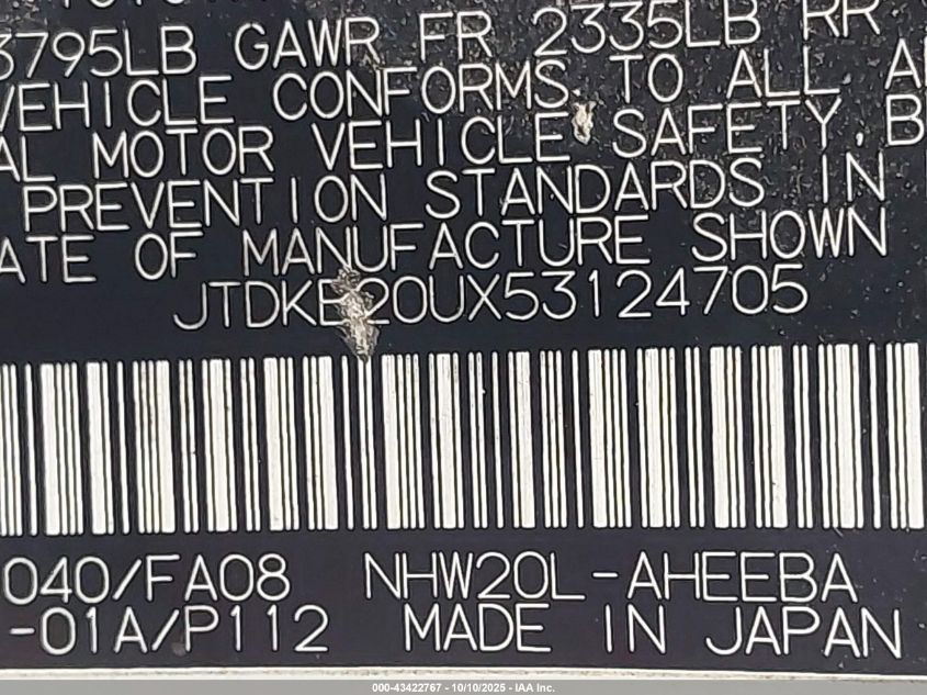 2005 Toyota Prius VIN: JTDKB20UX53124705 Lot: 43422767