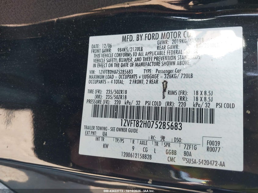 2007 Ford Mustang Gt Deluxe/Gt Premium VIN: 1ZVFT82H075285683 Lot: 43422773