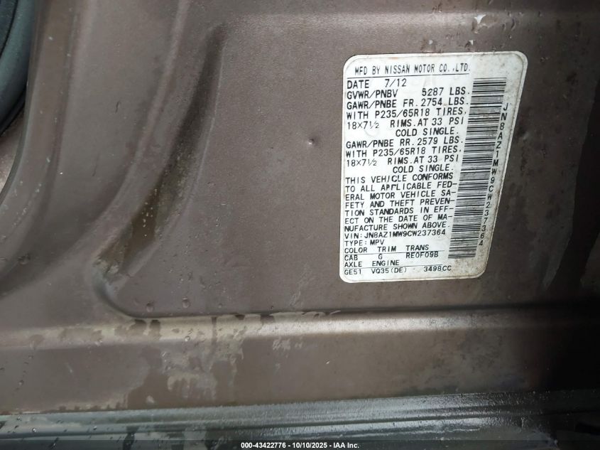 2012 Nissan Murano S VIN: JN8AZ1MW9CW237364 Lot: 43422776