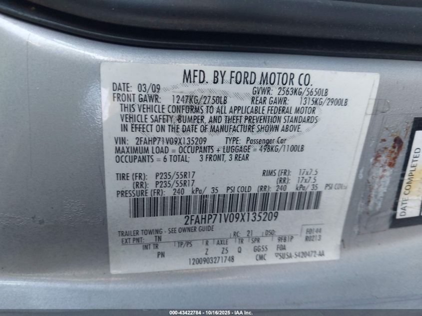 2009 Ford Crown Victoria Police/Police Interceptor/Police Interceptor W/3.55 Ls Axle (730A) VIN: 2FAHP71V09X135209 Lot: 43422784