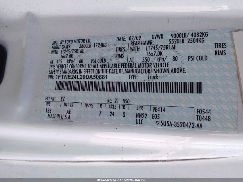 2009 Ford E-250 Commercial/Recreational VIN: 1FTNE24L29DA50881 Lot: 43422794