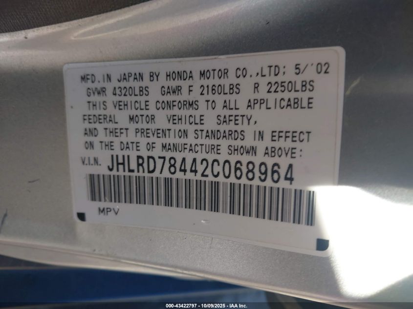 2002 Honda Cr-V Lx VIN: JHLRD78442C068964 Lot: 43422797