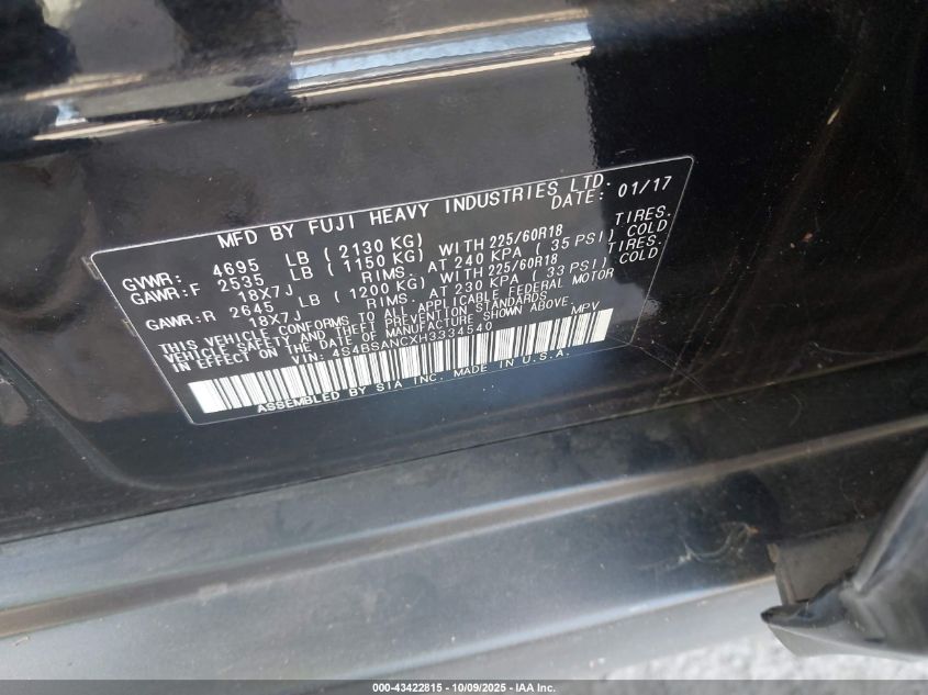 2017 Subaru Outback 2.5I Limited VIN: 4S4BSANCXH3334540 Lot: 43422815