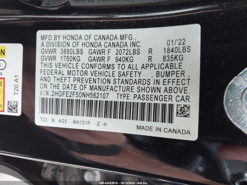 2022 Honda Civic Sport VIN: 2HGFE2F50NH562107 Lot: 43422819