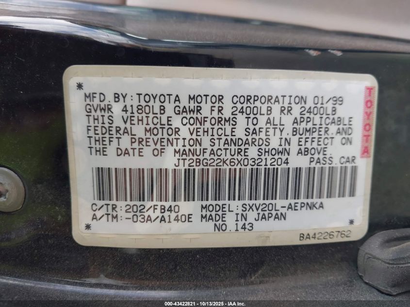 1999 Toyota Camry Le VIN: JT2BG22K6X0321204 Lot: 43422821