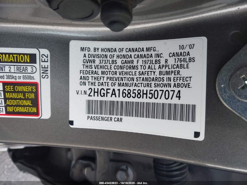 2008 Honda Civic Ex VIN: 2HGFA16858H507074 Lot: 43422823