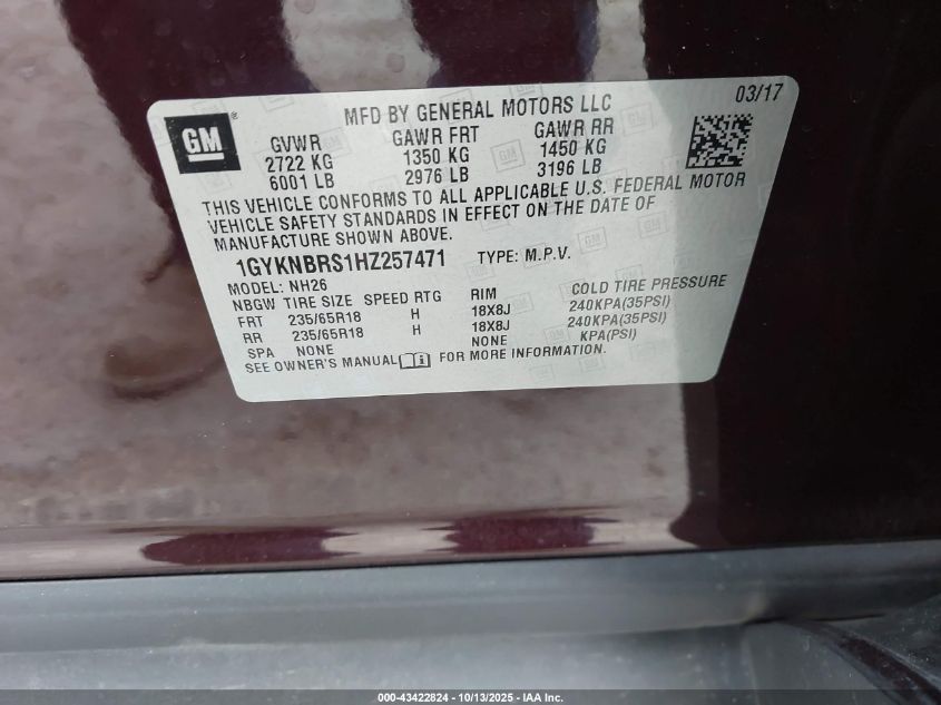 2017 Cadillac Xt5 Luxury VIN: 1GYKNBRS1HZ257471 Lot: 43422824