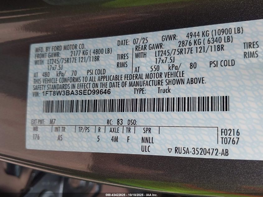 2025 Ford F-350 Xl VIN: 1FT8W3BA3SED99646 Lot: 43422825