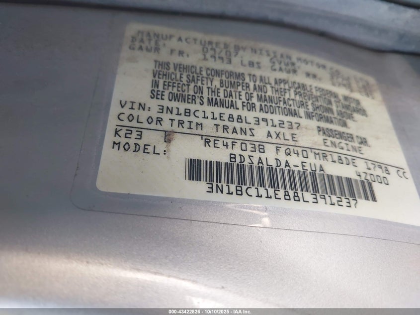 2008 Nissan Versa 1.8S VIN: 3N1BC11E88L391237 Lot: 43422826