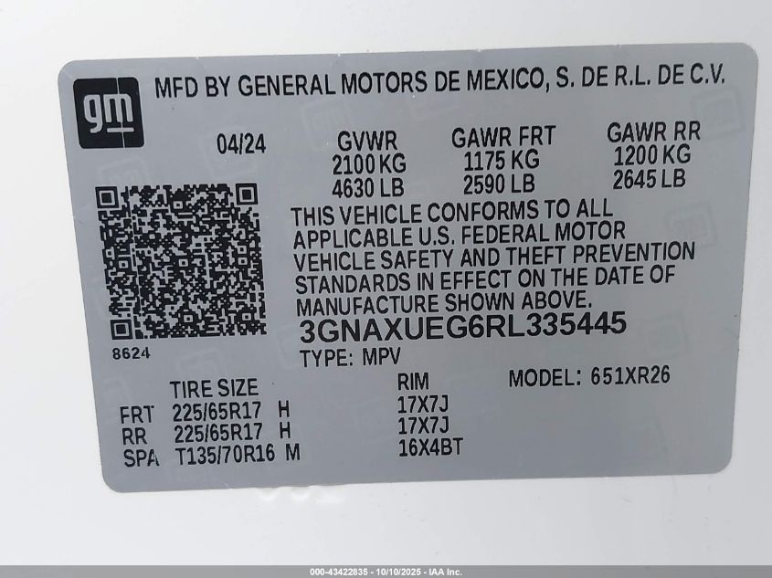 2024 Chevrolet Equinox Awd Lt VIN: 3GNAXUEG6RL335445 Lot: 43422835