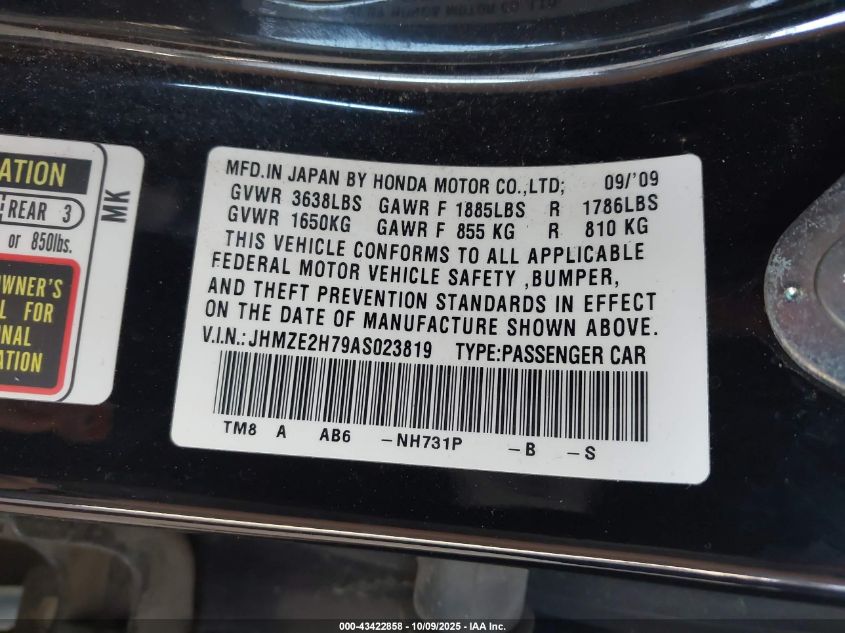 2010 Honda Insight Ex VIN: JHMZE2H79AS023819 Lot: 43422858