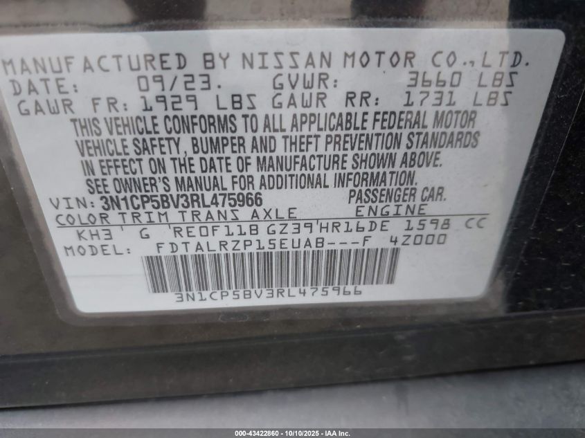 2024 Nissan Kicks S Xtronic Cvt VIN: 3N1CP5BV3RL475966 Lot: 43422860