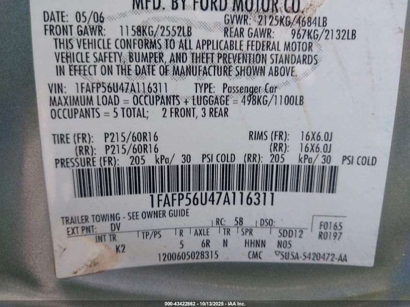 2007 Ford Taurus Sel VIN: 1FAFP56U47A116311 Lot: 43422862