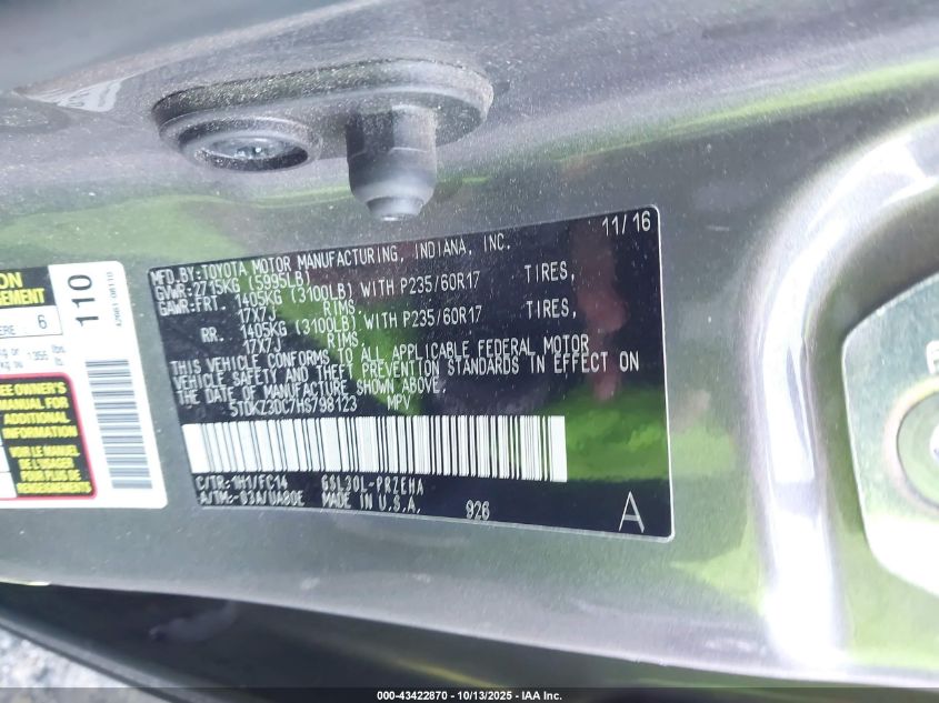 2017 Toyota Sienna Le 8 Passenger VIN: 5TDKZ3DC7HS798123 Lot: 43422870