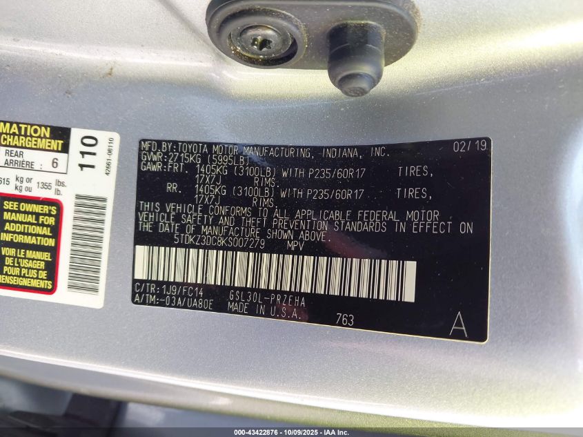 2019 Toyota Sienna Le 8 Passenger VIN: 5TDKZ3DC8KS007279 Lot: 43422876